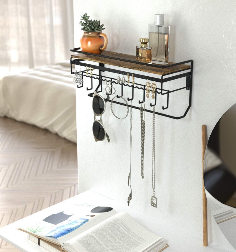 J JACKCUBE DESIGN JackCubeDesign Hanging Jewelry Organizer with 9 Hooks, Wall Mount Necklace Earring Bracelet Sunglass Holder with Torched Wood Shelf (Black Metal) - MK237C - Image 2